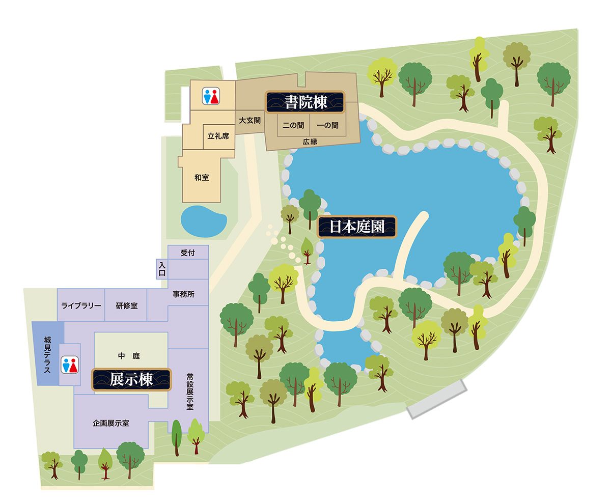小倉城庭園の案内図(書院棟・立礼席・和室・日本庭園・展示棟・城見テラスの配置)